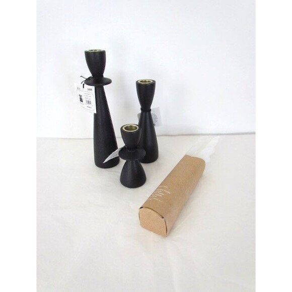 West Elm Tira Wood Taper Candle Holders Black Ash  Set 3 w Candles - Picture 4 of 13